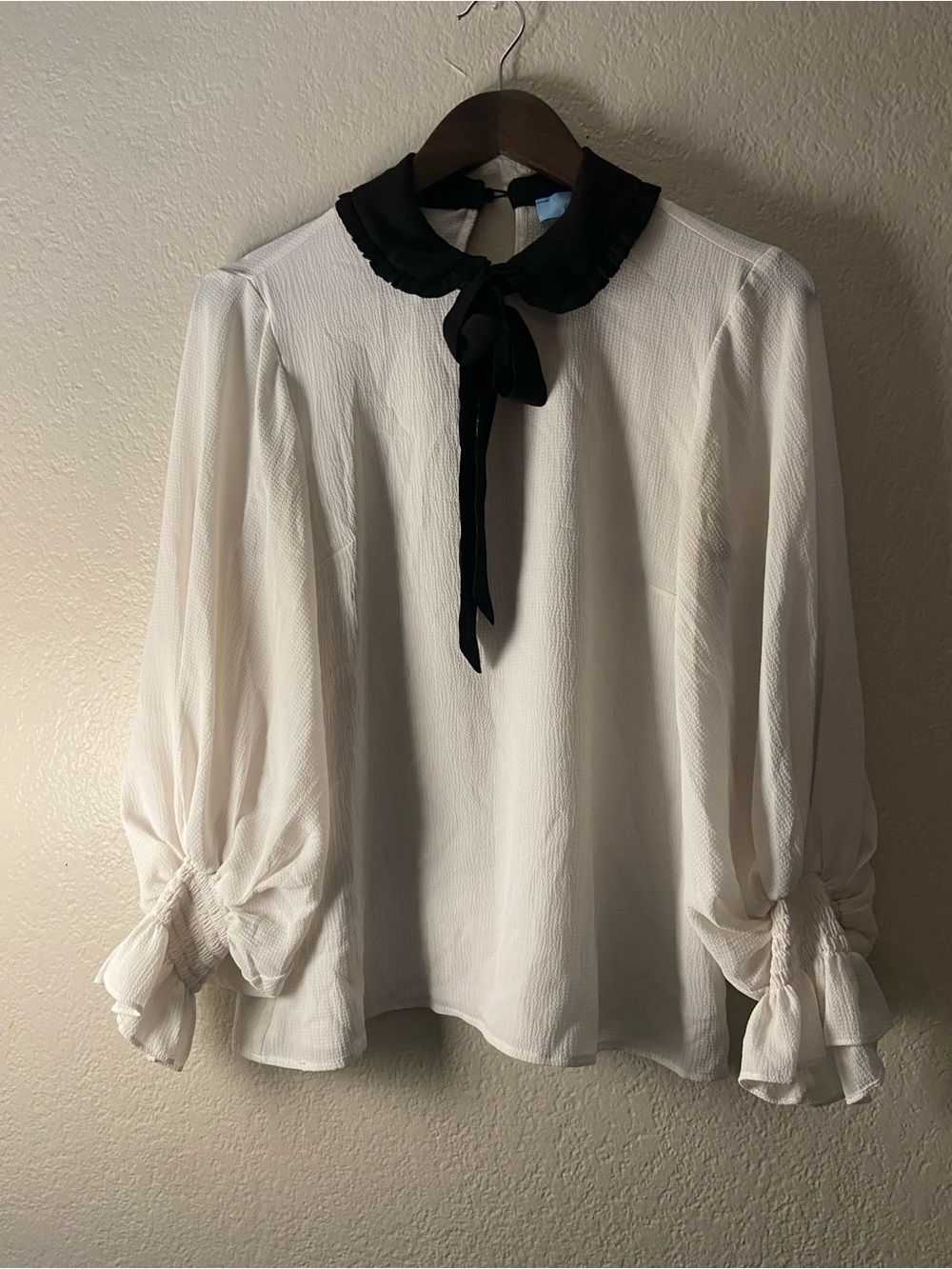 CeCe White Long-Sleeve Blouse with Black Tie Collar